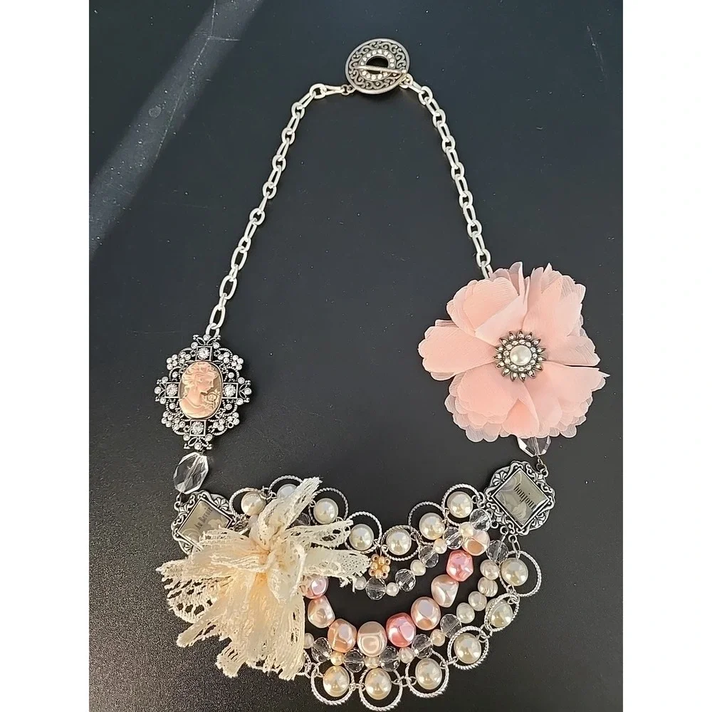 Statement necklace with Pink Cameo,‎ pearls, Fabric Flowers, Crochet